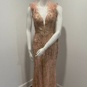 Cinderella Divine Blush Pink Sequin Feather Shoulder Gown Formal Dress Maxi